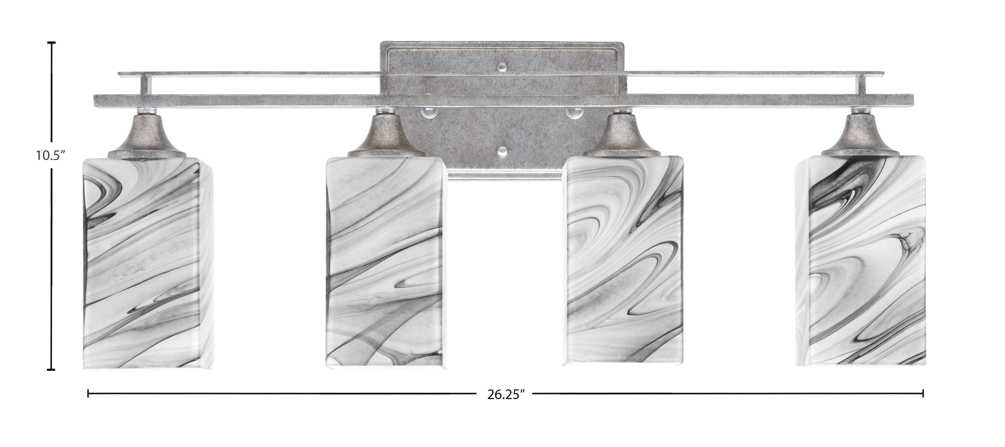 Uptowne Four Light Bath Bar in Aged Silver with 3.5" Square Onyx Swirl Shade