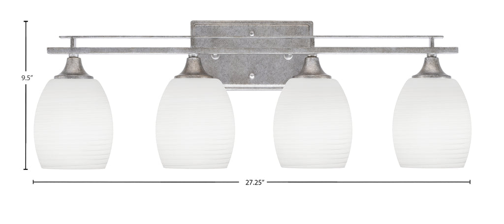 Uptowne Four Light Bath Bar in Aged Silver with 5" White Linen Shade