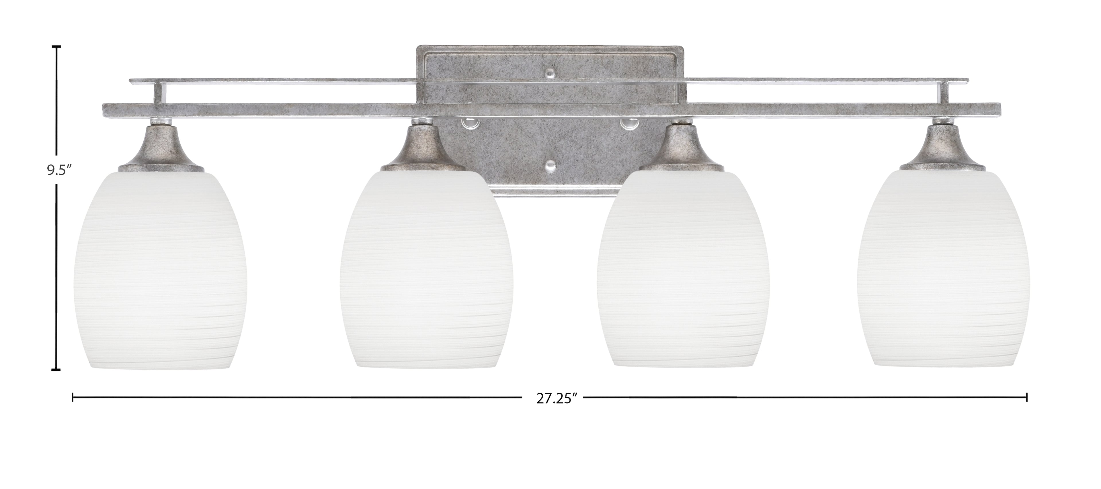 Uptowne Four Light Bath Bar in Aged Silver with 5" White Linen Shade