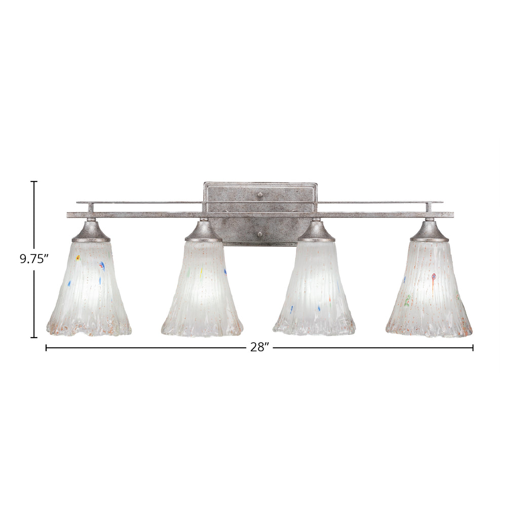 Uptowne Four Light Bath Bar in Aged Silver with 5.5" Fluted Frosted Crystal Shade