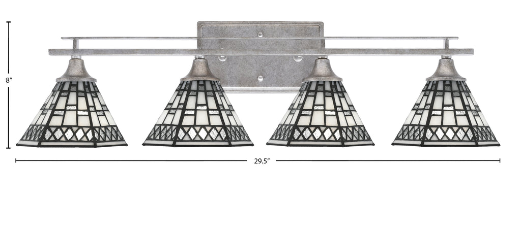 Uptowne Four Light Bath Bar in Aged Silver with 7" Pewter Art Glass Shade