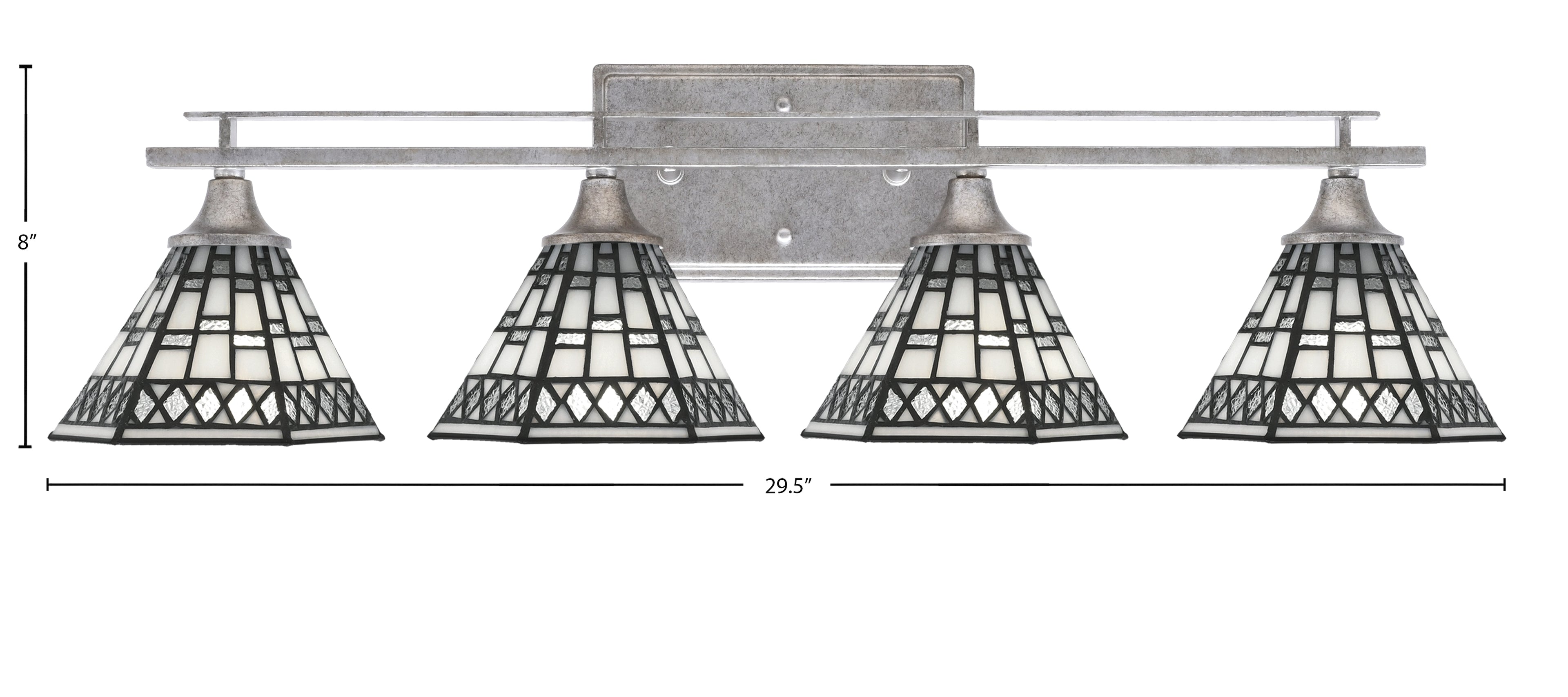 Uptowne Four Light Bath Bar in Aged Silver with 7" Pewter Art Glass Shade