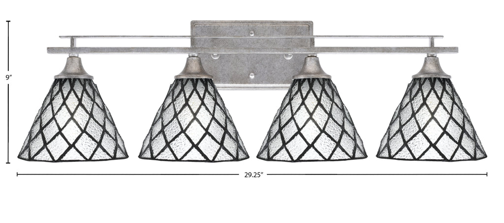 Uptowne Four Light Bath Bar in Aged Silver with 7" Diamond Ice Art Glass Shade