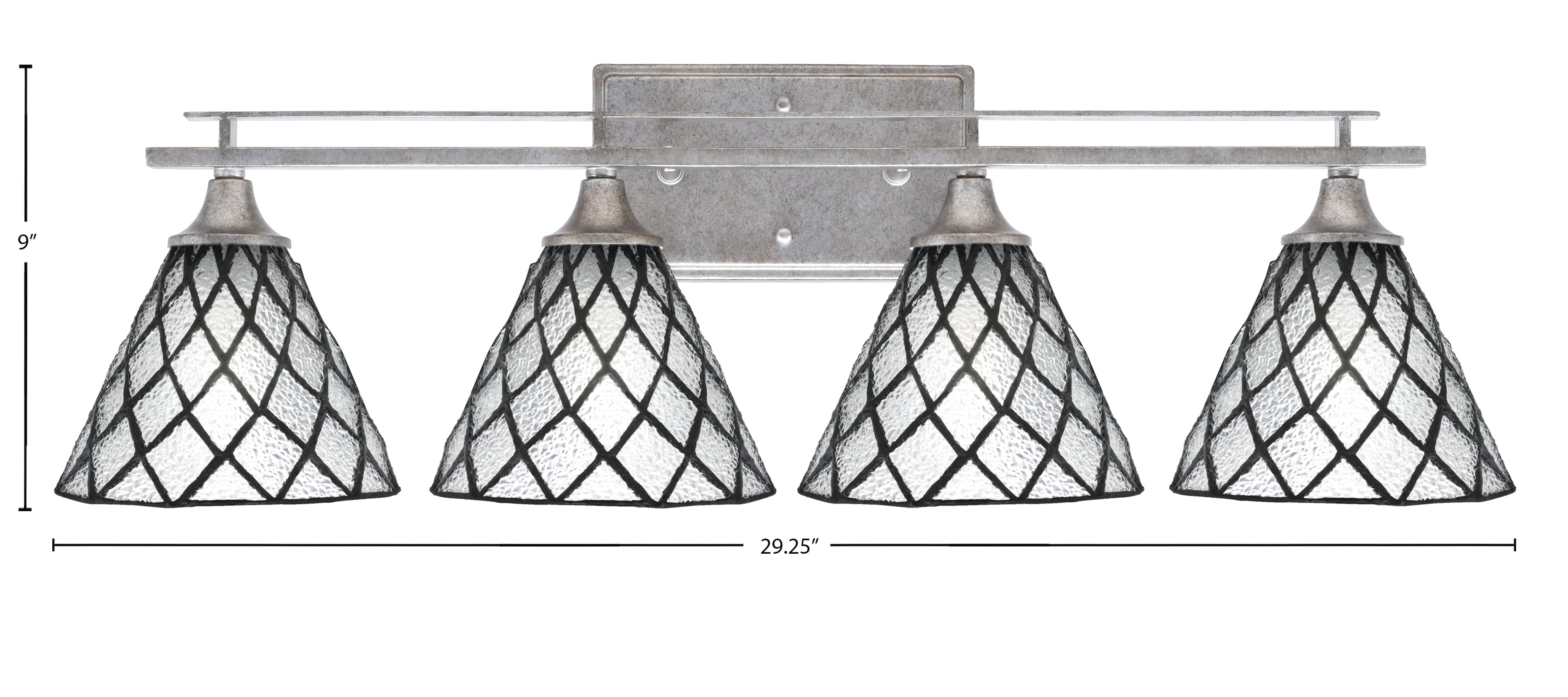 Uptowne Four Light Bath Bar in Aged Silver with 7" Diamond Ice Art Glass Shade