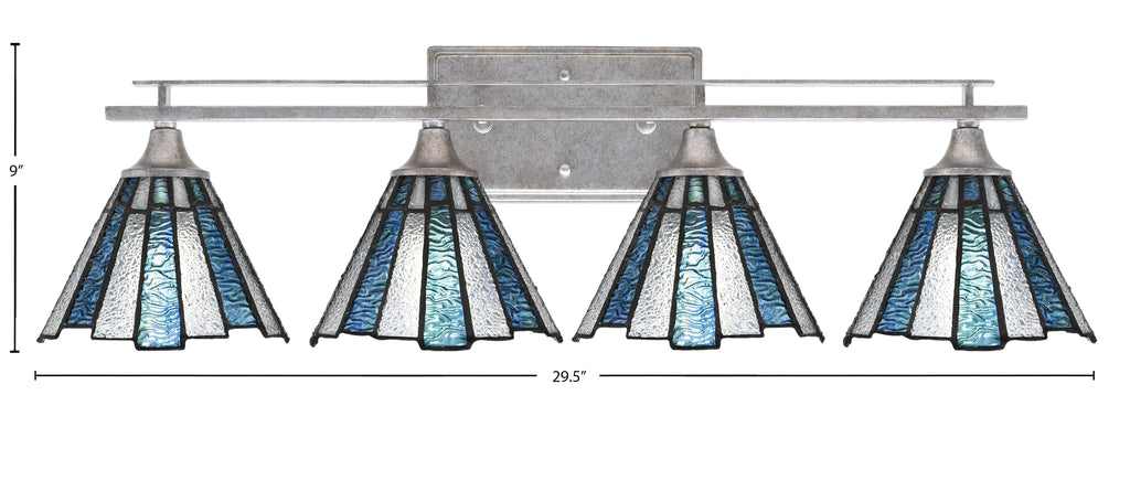 Uptowne Four Light Bath Bar in Aged Silver with 7" Sea Ice Art Glass Shade