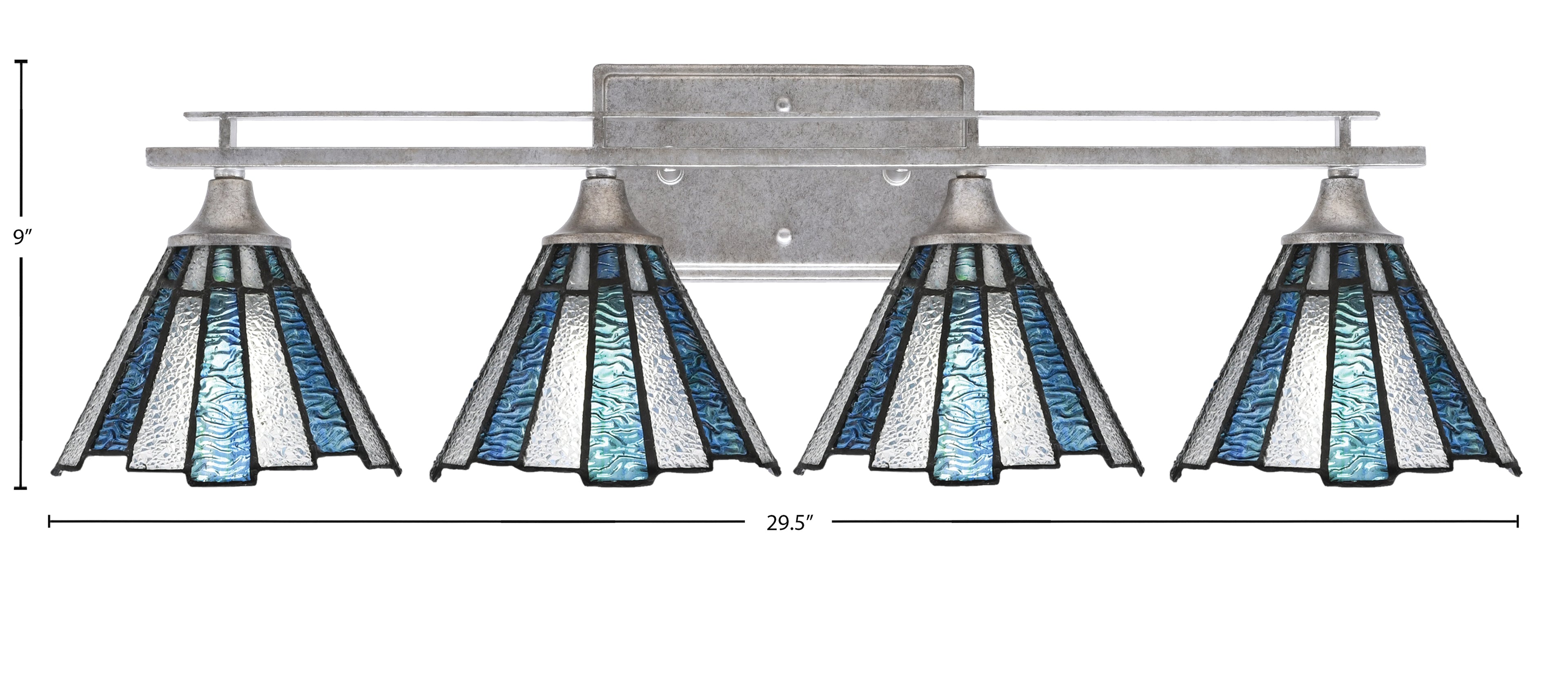 Uptowne Four Light Bath Bar in Aged Silver with 7" Sea Ice Art Glass Shade