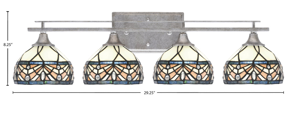 Uptowne Four Light Bath Bar in Aged Silver with 7" Royal Merlot Art Glass Shade