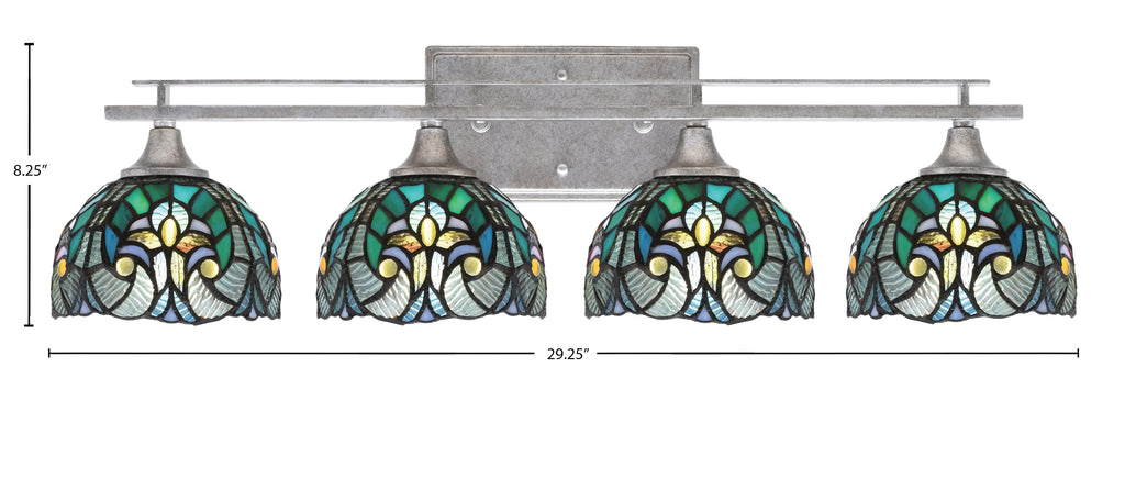 Uptowne Four Light Bath Bar in Aged Silver with 7" Turquoise Cypress Art Glass Shade