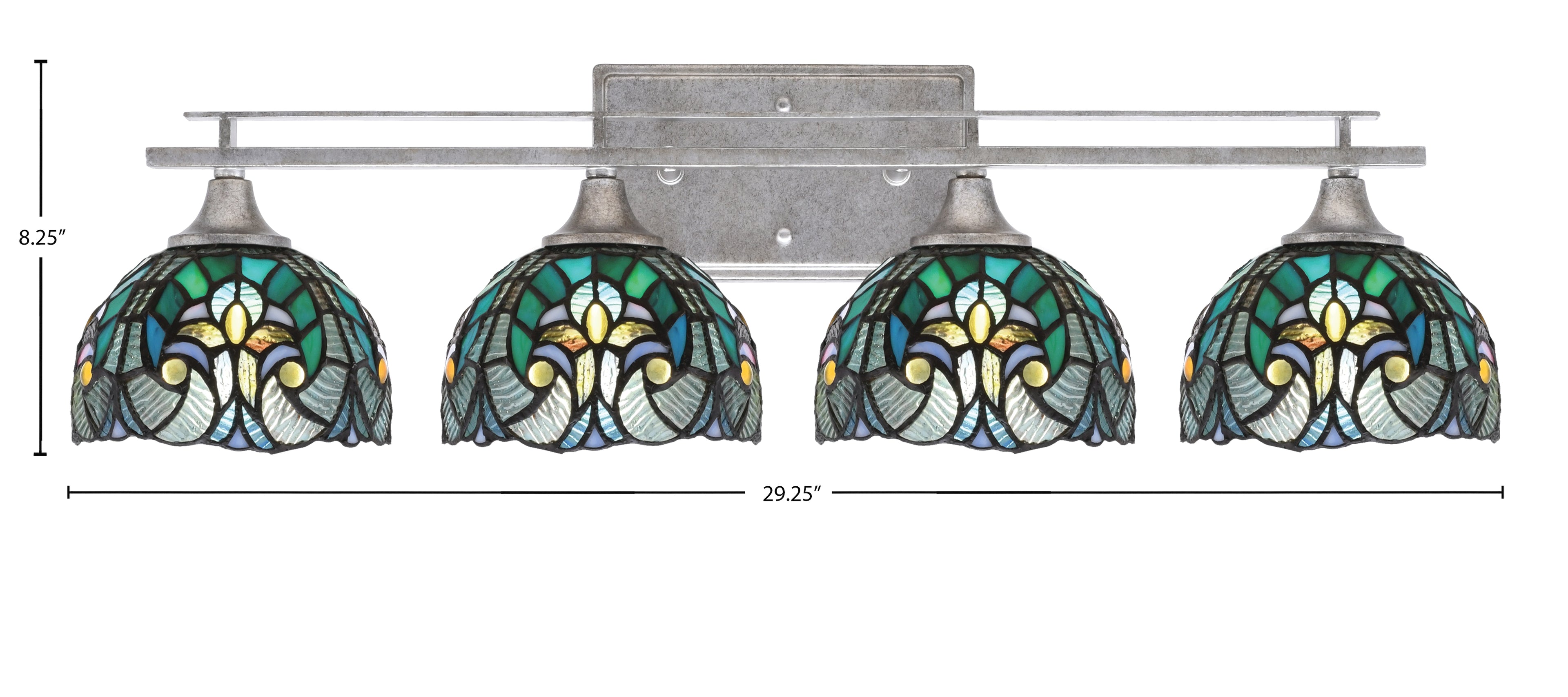 Uptowne Four Light Bath Bar in Aged Silver with 7" Turquoise Cypress Art Glass Shade