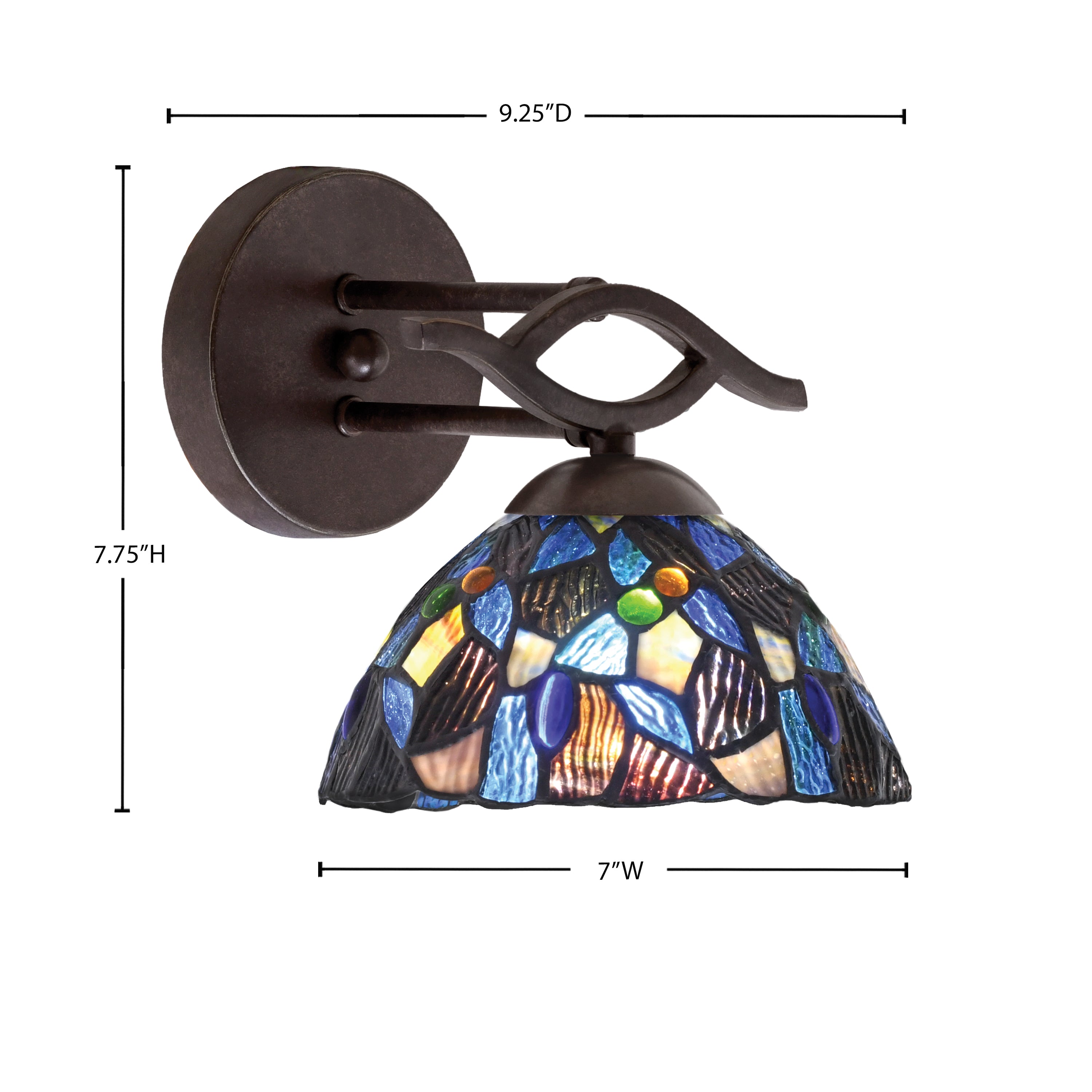 Revo One Light Wall Sconce in Dark Granite with 7" Blue Mosaic Art Glass Shade