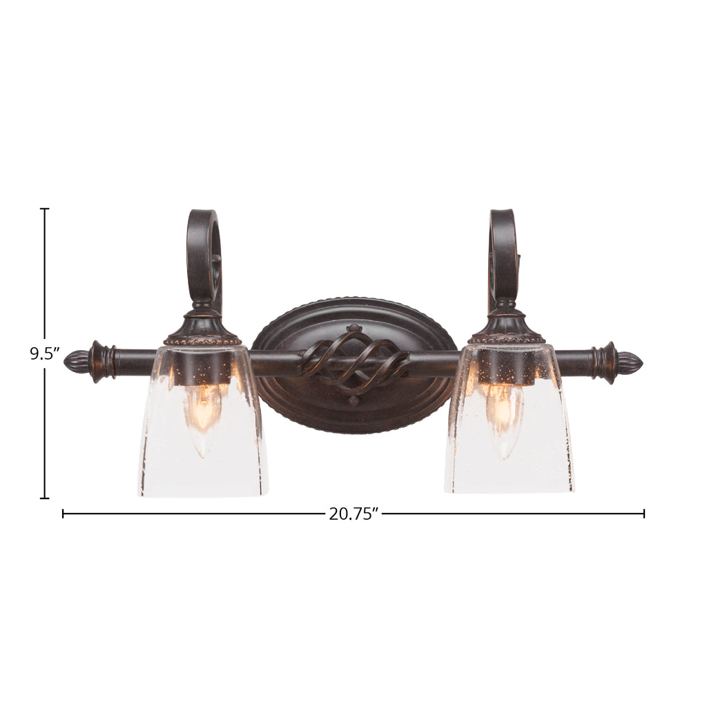 Eleganté Two Light Bath Bar in Dark Granite with 4.5" Square Clear Bubble Shade