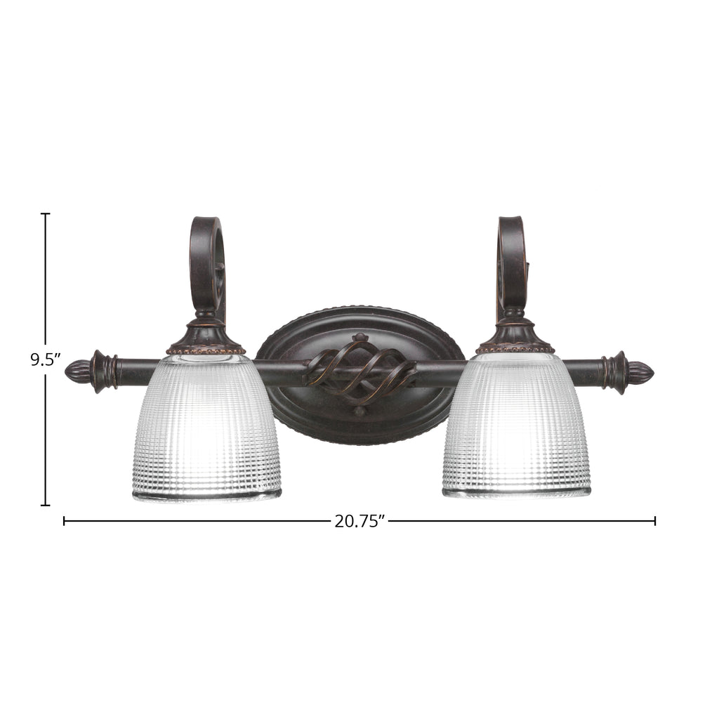 Eleganté Two Light Bath Bar in Dark Granite with 5" Clear Ribbed Shade