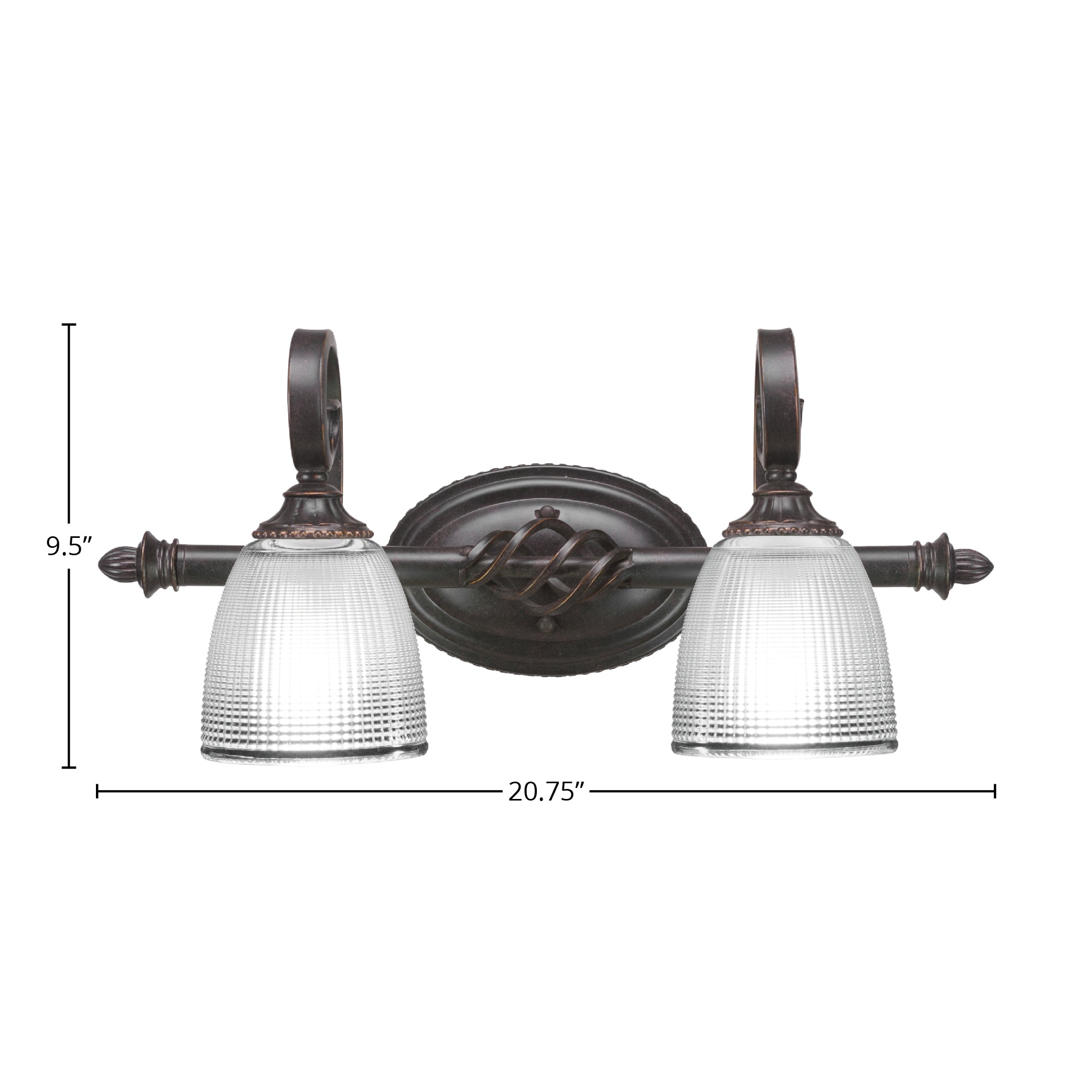 Eleganté Two Light Bath Bar in Dark Granite with 5" Clear Ribbed Shade