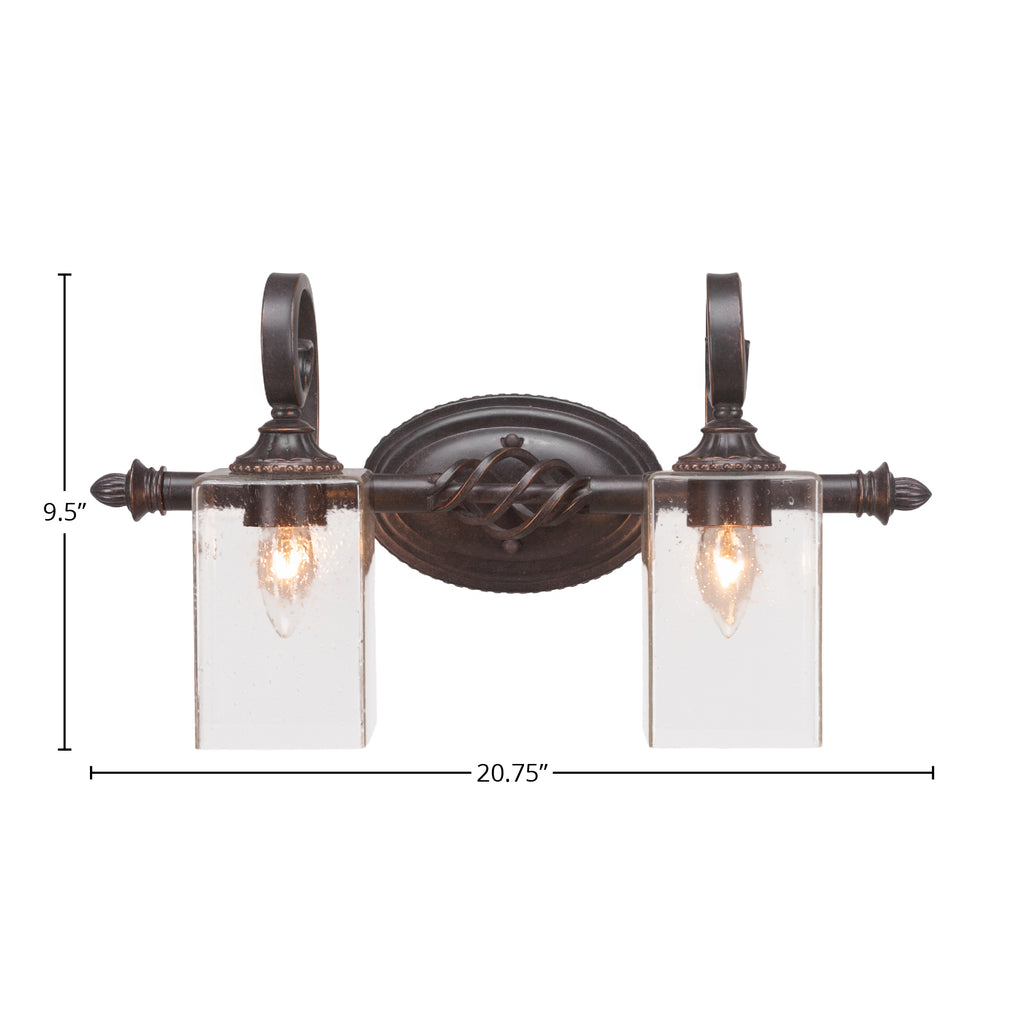 Eleganté Two Light Bath Bar in Dark Granite with 4" Square Clear Bubble Shade