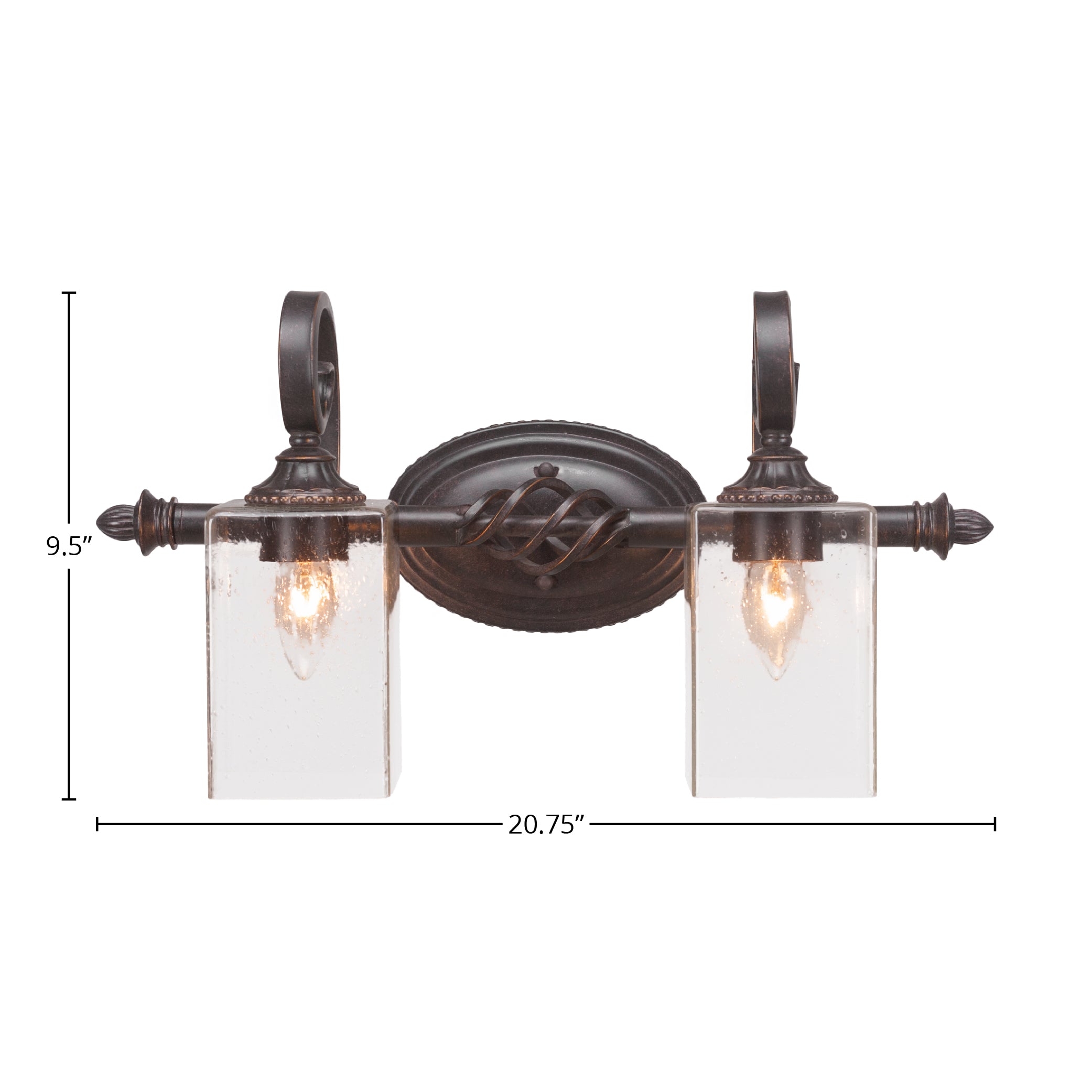 Eleganté Two Light Bath Bar in Dark Granite with 4" Square Clear Bubble Shade