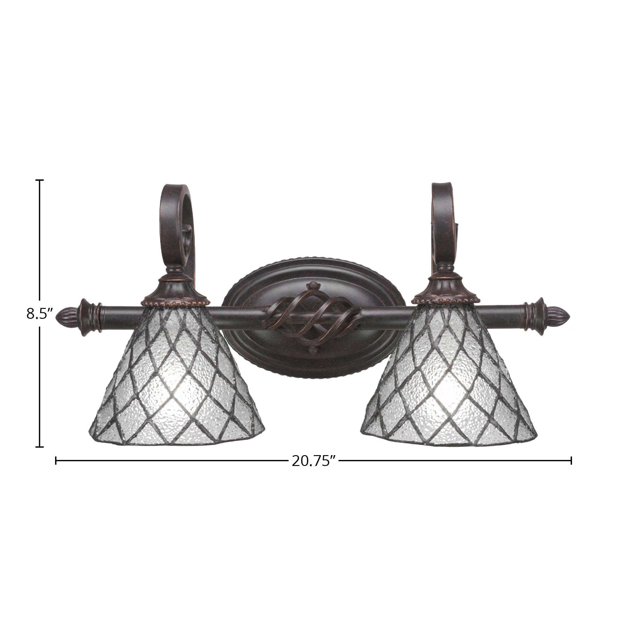 Eleganté Two Light Bath Bar in Dark Granite with 7" Diamond Ice Art Glass Shade