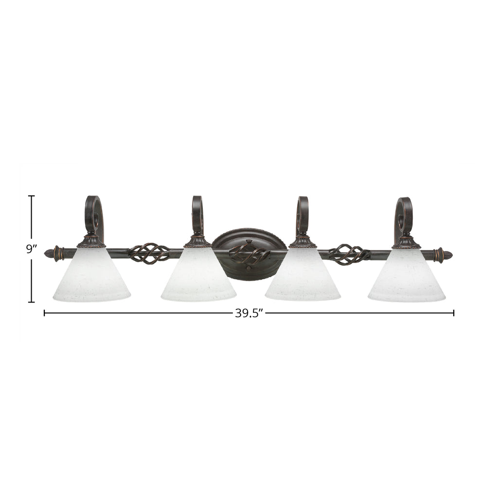 Eleganté Four Light Bath Bar in Dark Granite with 7" White Muslin Shade