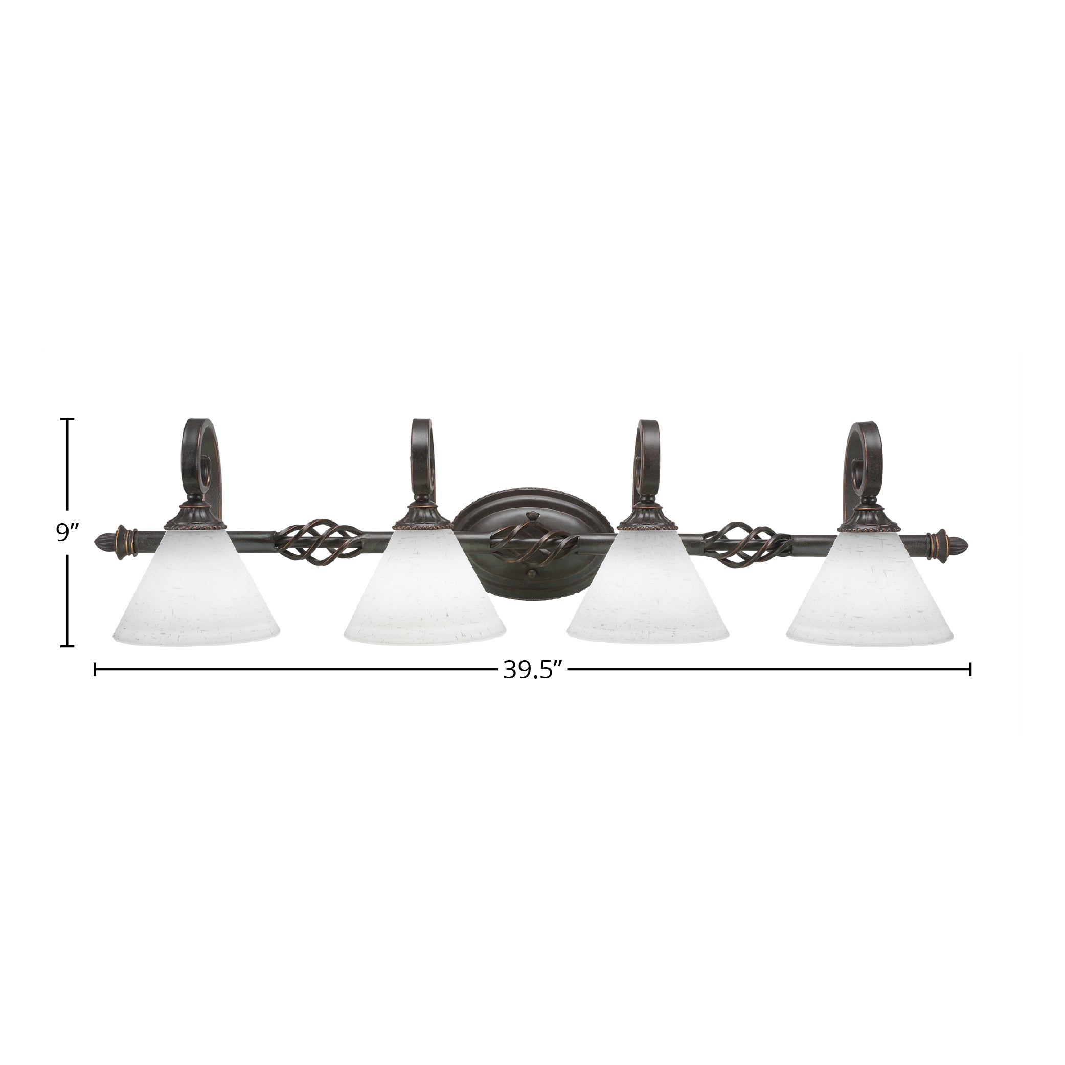 Eleganté Four Light Bath Bar in Dark Granite with 7" White Muslin Shade