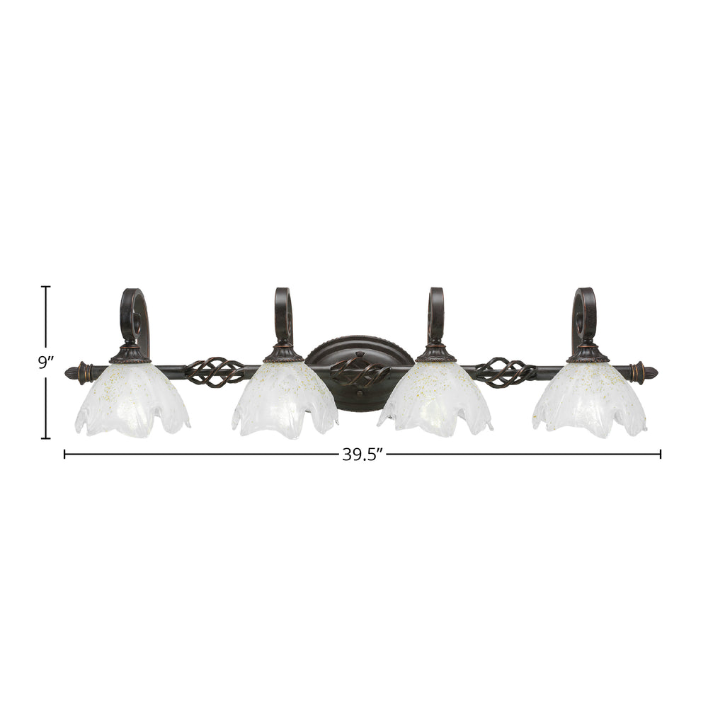 Eleganté Four Light Bath Bar in Dark Granite with 7" Gold Ice Shade
