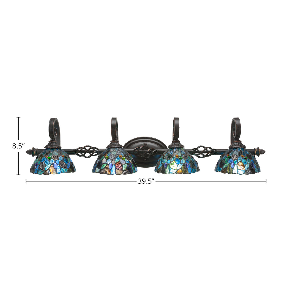 Eleganté Four Light Bath Bar in Dark Granite with 7" Blue Mosaic Art Glass Shade