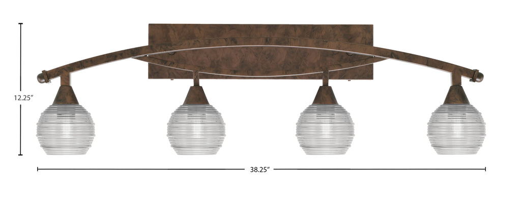 Bow Four Light Bath Bar in Bronze with 6" Clear Ribbed Shade