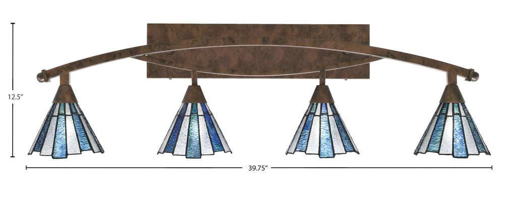 Bow Four Light Bath Bar in Bronze with 7" Sea Ice Art Glass Shade