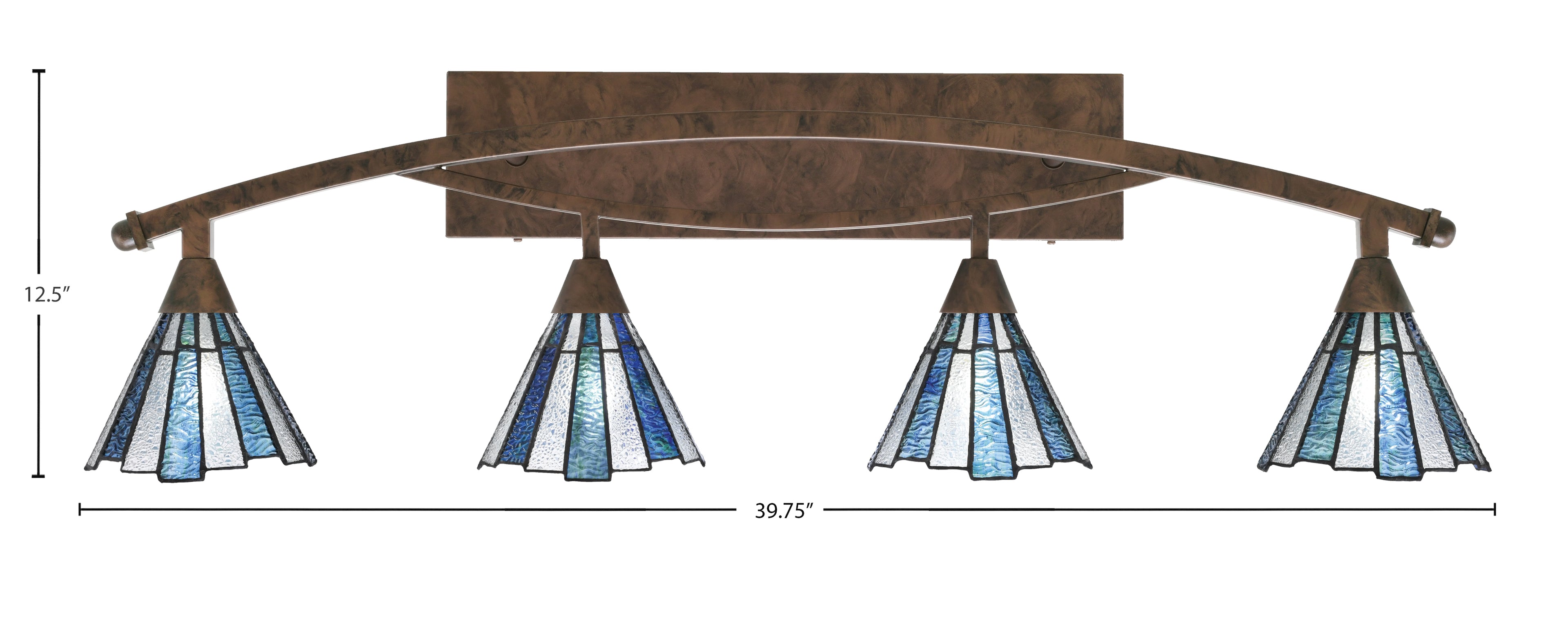 Bow Four Light Bath Bar in Bronze with 7" Sea Ice Art Glass Shade