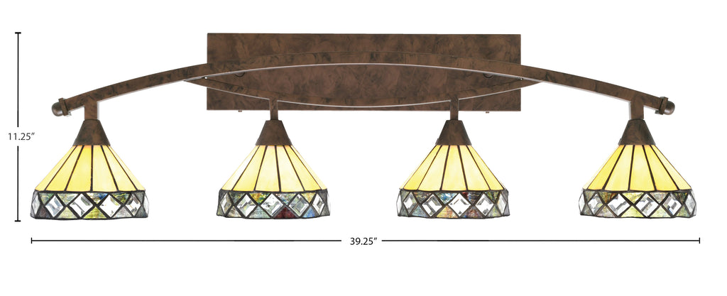 Bow Four Light Bath Bar in Bronze with 7" Diamond Peak Art Glass Shade