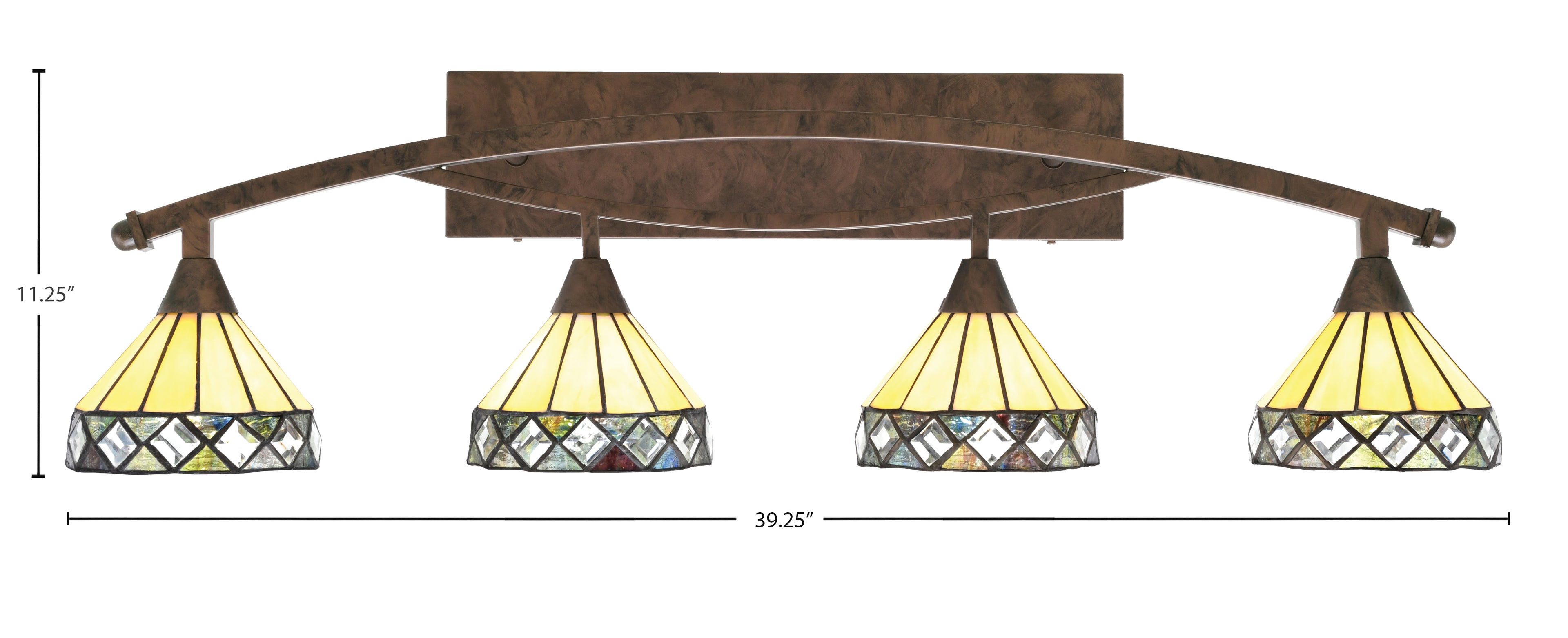 Bow Four Light Bath Bar in Bronze with 7" Diamond Peak Art Glass Shade