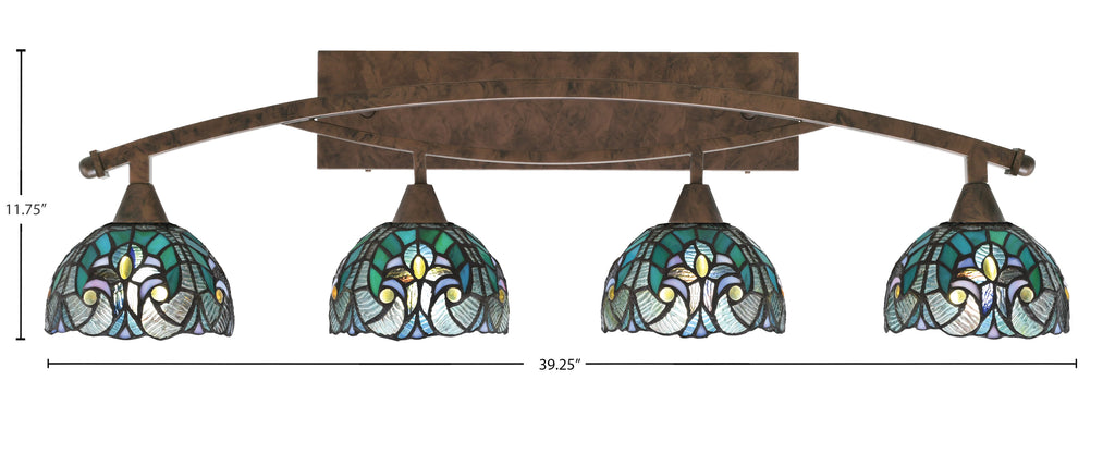 Bow Four Light Bath Bar in Bronze with 7" Turquoise Cypress Art Glass Shade