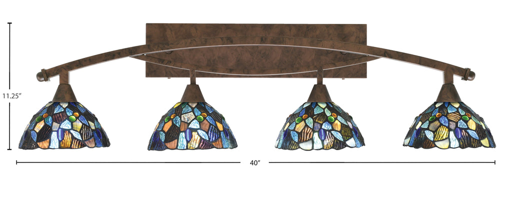 Bow Four Light Bath Bar in Bronze with 7" Blue Mosaic Art Glass Shade