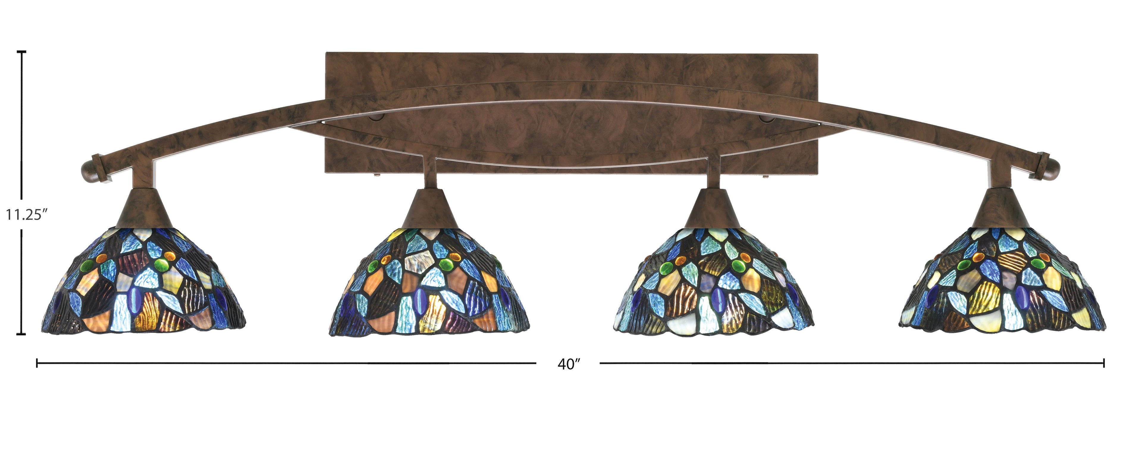 Bow Four Light Bath Bar in Bronze with 7" Blue Mosaic Art Glass Shade