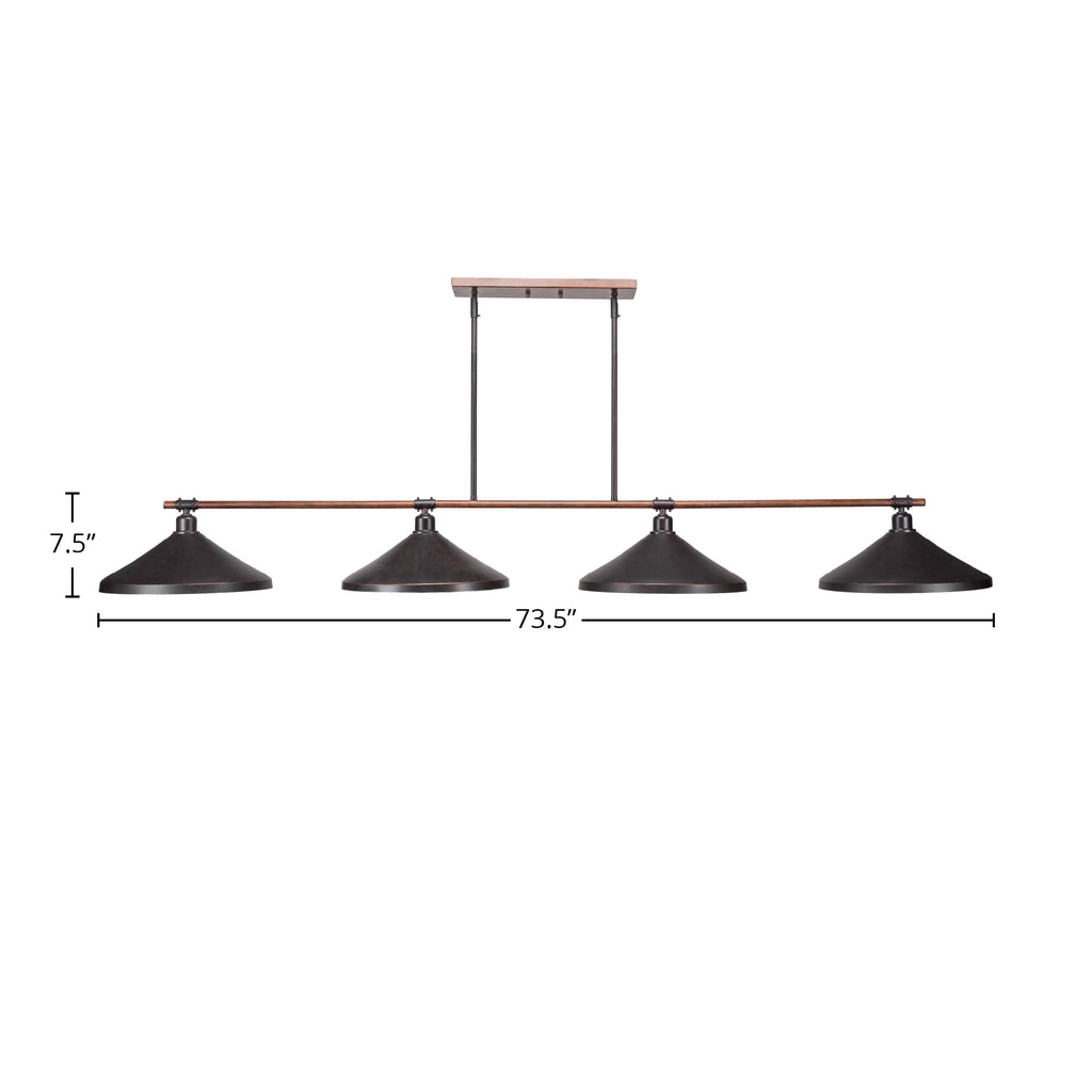 Blacksmith Four Light Bar in Painted Wood-look Metal & Dark Granite with 14" Dark Granite Cone Metal Shade Shade