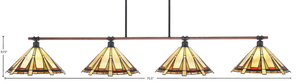 Blacksmith Four Light Bar in Painted Wood-look Metal & Dark Granite with 16" Zion Art Glass Shade