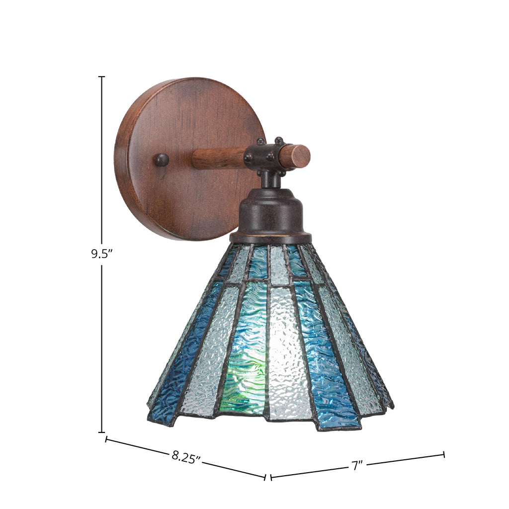 Blacksmith One Light Wall Sconce in Painted Wood-Look Metal & Dark Granite with 7" Sea Ice Art Glass Shade