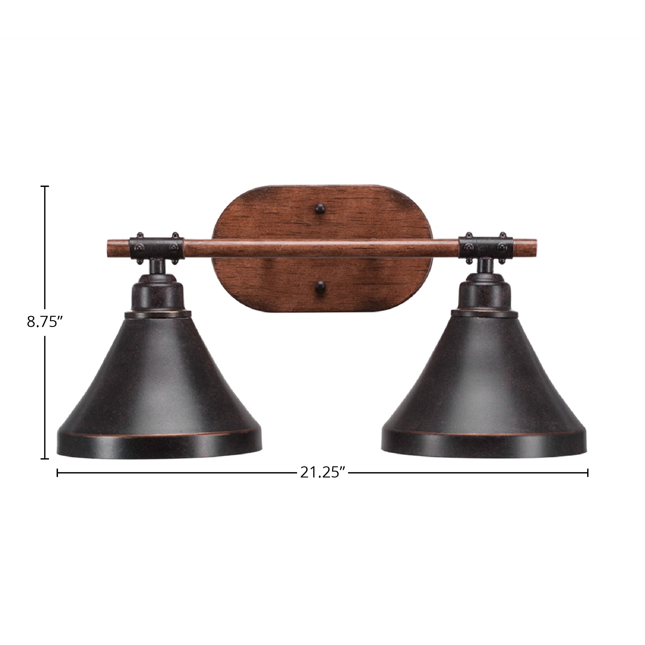 Blacksmith Two Light Bath Bar in Painted Wood-look Metal & Dark Granite with 7" Dark Granite Cone Metal Shade Shade