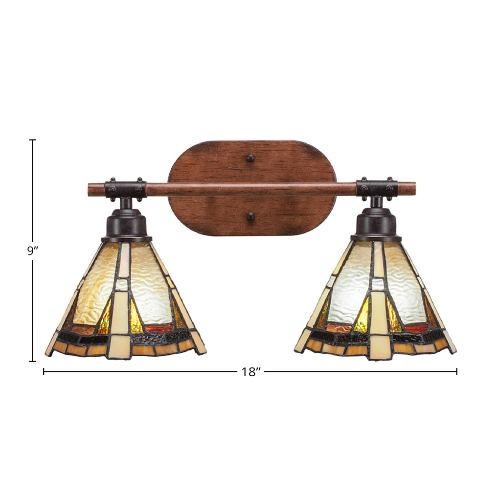 Blacksmith Two Light Bath Bar in Painted Wood-look Metal & Dark Granite with 7" Zion Art Glass Shade