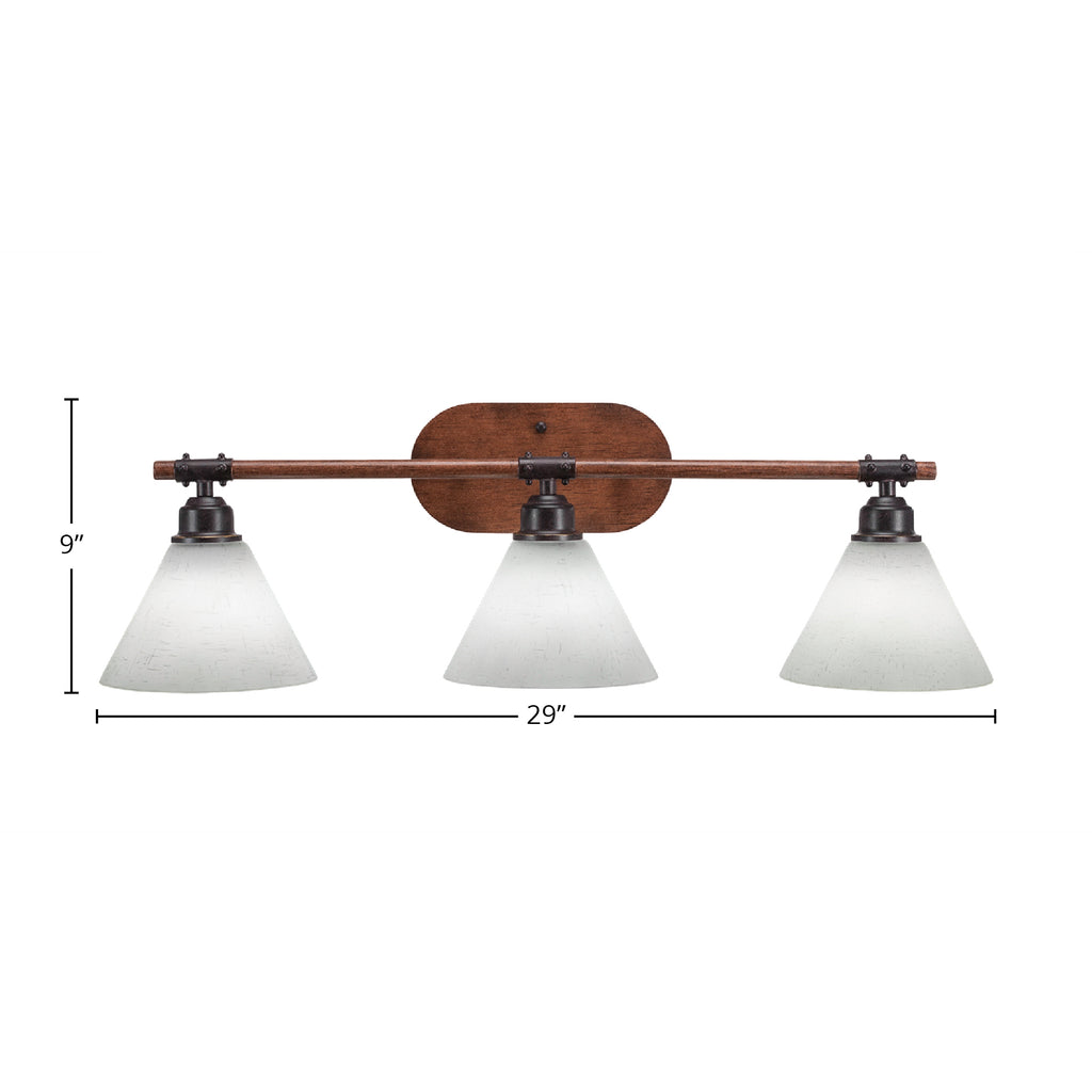 Blacksmith Three Light Bath Bar in Painted Wood-look Metal & Dark Granite with 7" White Muslin Shade