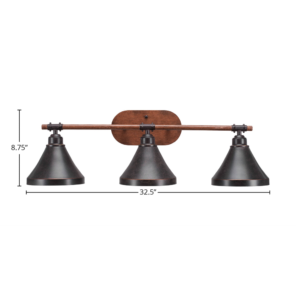 Blacksmith Three Light Bath Bar in Painted Wood-look Metal & Dark Granite with 7" Dark Granite Cone Metal Shade Shade