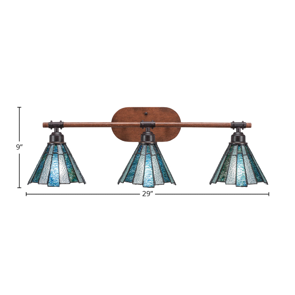 Blacksmith Three Light Bath Bar in Painted Wood-look Metal & Dark Granite with 7" Sea Ice Art Glass Shade