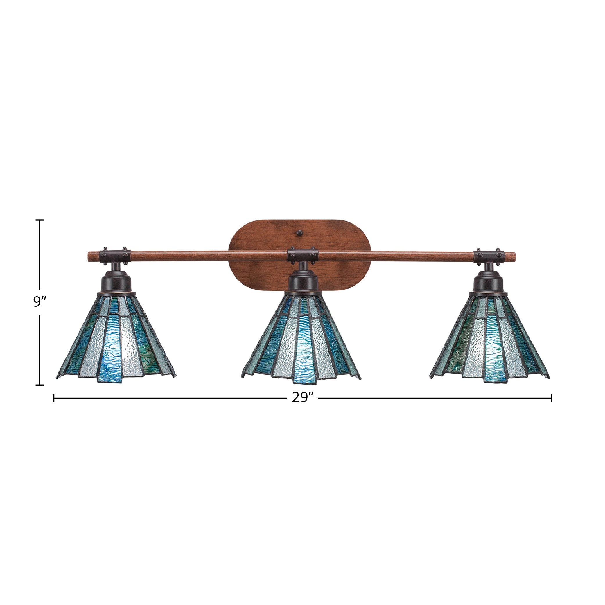 Blacksmith Three Light Bath Bar in Painted Wood-look Metal & Dark Granite with 7" Sea Ice Art Glass Shade