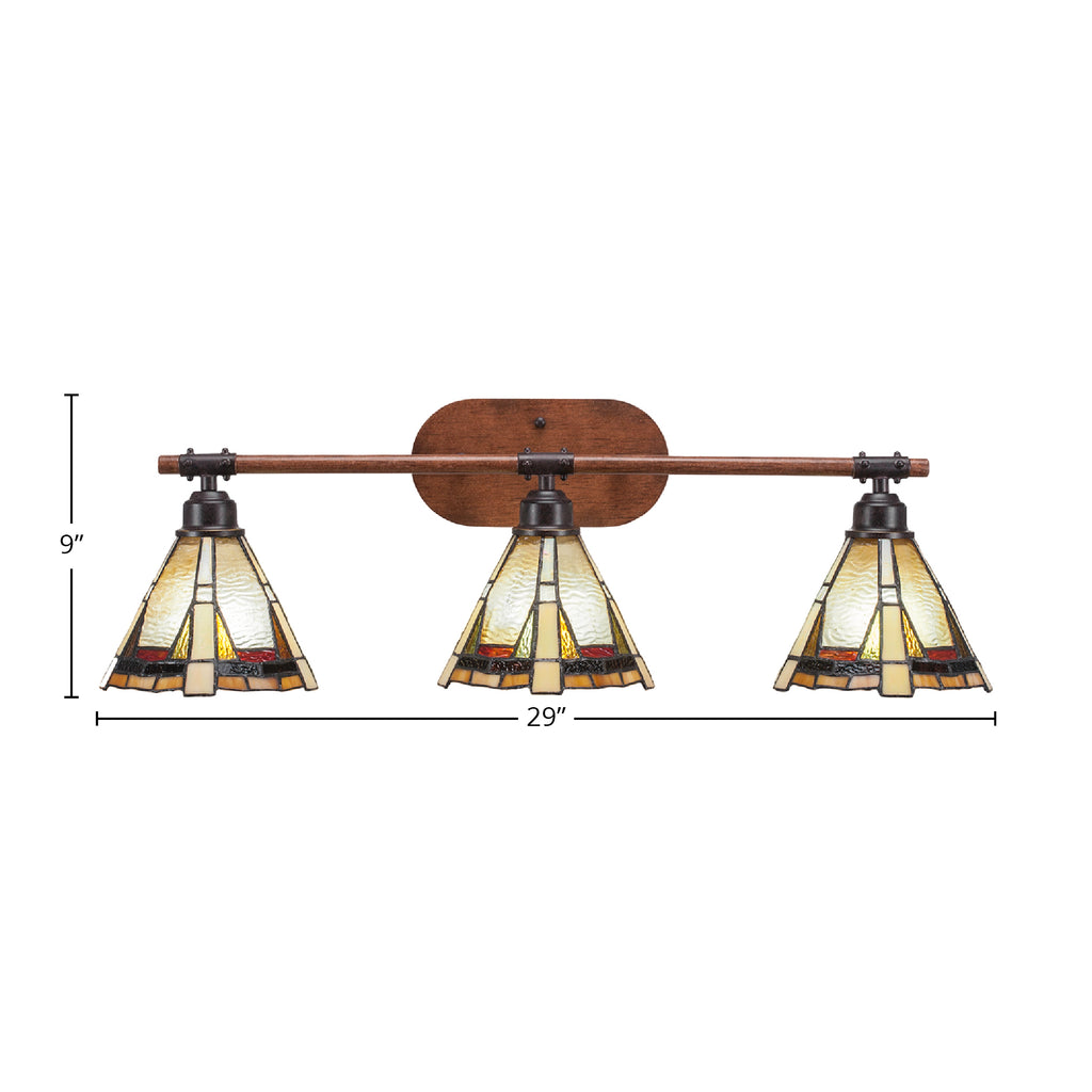 Blacksmith Three Light Bath Bar in Painted Wood-look Metal & Dark Granite with 7" Zion Art Glass Shade