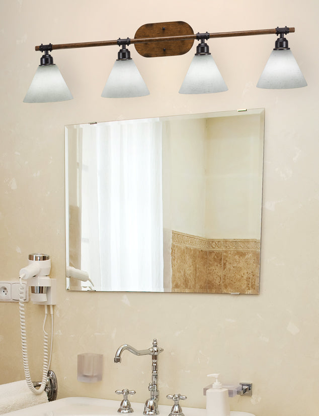 Blacksmith Four Light Bath Bar in Painted Wood-look Metal & Dark Granite with 7" White Muslin Shade