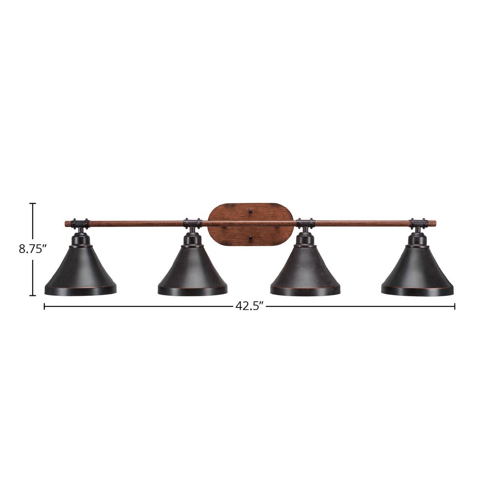 Blacksmith Four Light Bath Bar in Painted Wood-look Metal & Dark Granite with 7" Dark Granite Cone Metal Shade Shade