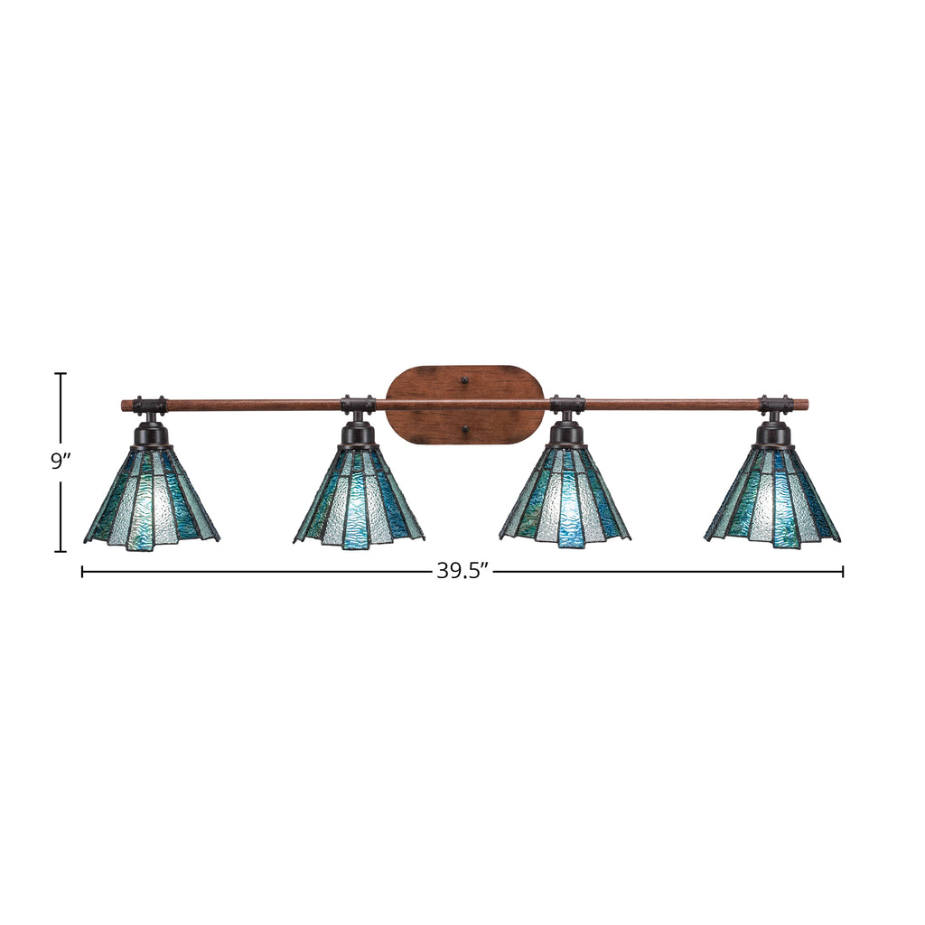 Blacksmith Four Light Bath Bar in Painted Wood-look Metal & Dark Granite with 7" Sea Ice Art Glass Shade