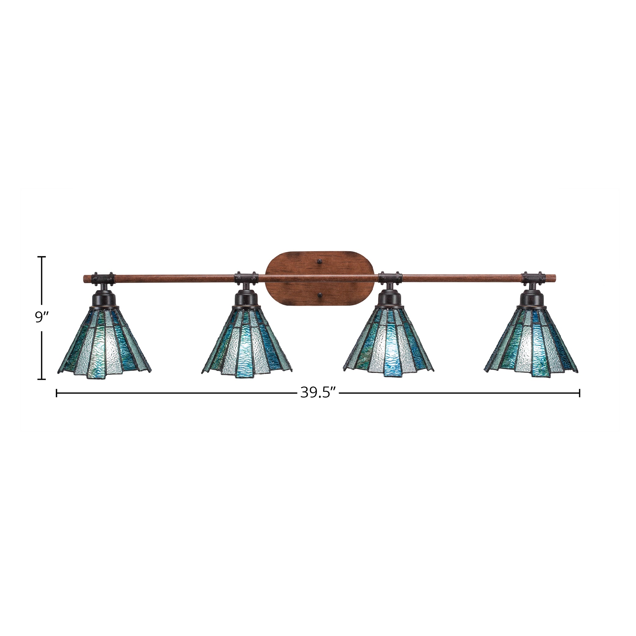 Blacksmith Four Light Bath Bar in Painted Wood-look Metal & Dark Granite with 7" Sea Ice Art Glass Shade