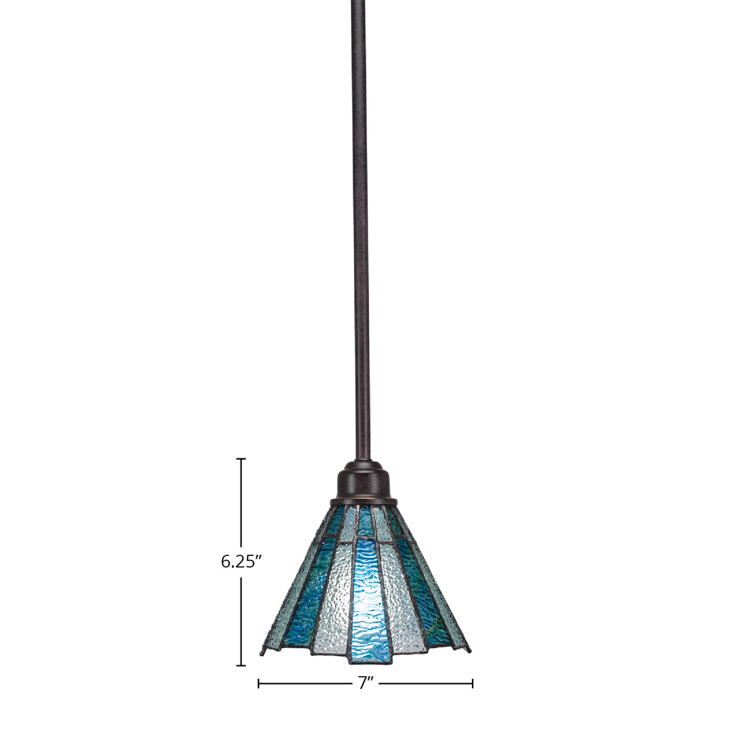 Blacksmith One Light Mini Pendant in Painted Wood-Look Metal & Dark Granite with 7" Sea Ice Art Glass Shade