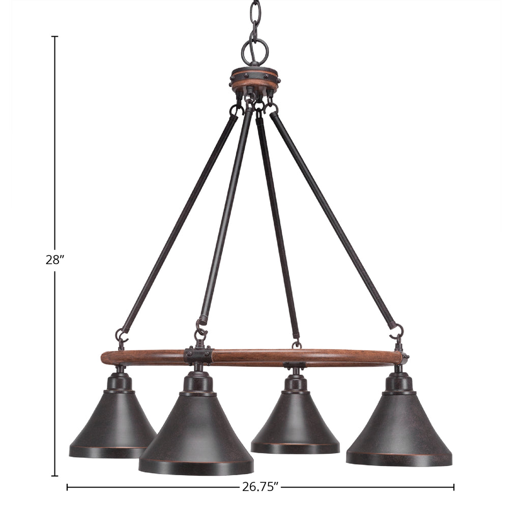 Blacksmith Four Light Chandelier in Painted Wood-look Metal & Dark Granite with 7" Dark Granite Cone Metal Shade Shade