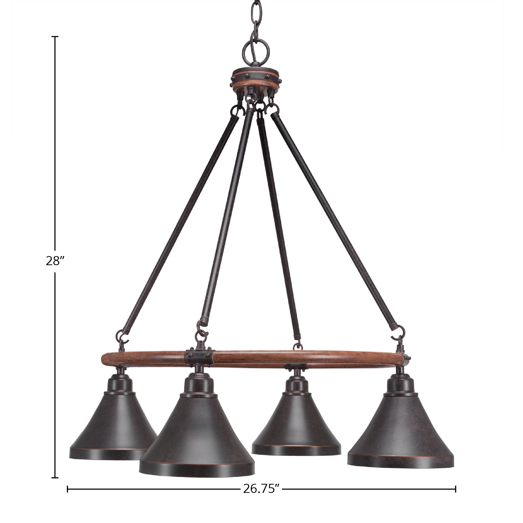 Blacksmith Four Light Chandelier in Painted Wood-look Metal & Dark Granite with 7" Dark Granite Cone Metal Shade Shade