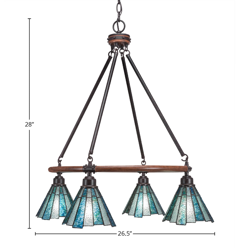 Blacksmith Four Light Chandelier in Painted Wood-look Metal & Dark Granite with 7" Sea Ice Art Glass Shade